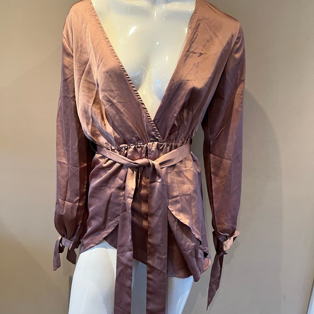 Satin Wrap Blouse with Tie Waist